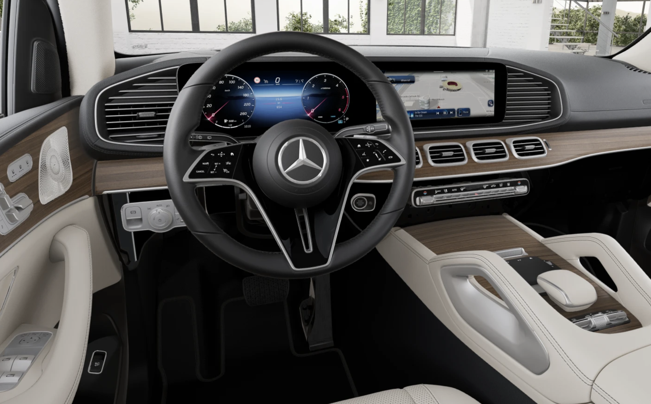 Mercedes-Benz GLS 450d 4MATIC AMG ve výbavě Premium Plus – české předváděcí SUV s černou metalízou Obsidian, 21” disky, panoramatickou střechou a béžovým interiérem Macchiato.